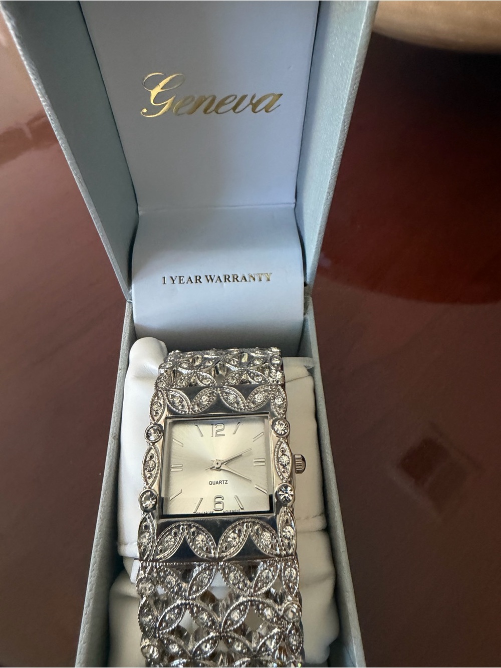 Geneva Silver Crystal Filigree Bracelet Watch